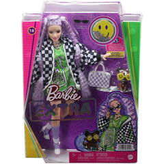 Barbie Extra Fashion Doll with Extra Long Crimped Lavender Jersey Dress & Oversized Checkered Jacket with Pet Puppy & Accessories