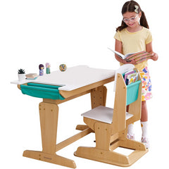 KidKraft Grow Together Pocket Adjustable Desk & Chair Set in Natural & White Colour