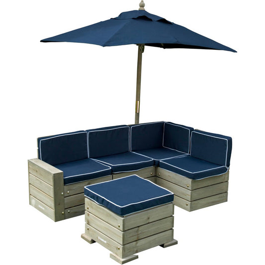 KidKraft Outdoor Sectional Sofa Ottoman & Umbrella Set in Barnwood Grey Colour