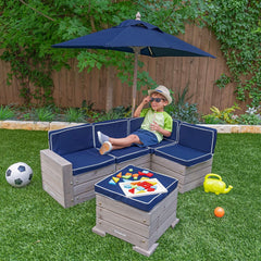 KidKraft Outdoor Sectional Sofa Ottoman & Umbrella Set in Barnwood Grey Colour