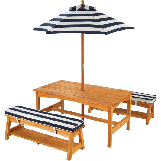 KidKraft Outdoor Table Wooden Bench Set with Navy & White Stripes for Kids