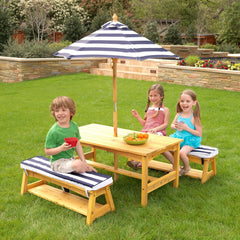 KidKraft Outdoor Table Wooden Bench Set with Navy & White Stripes for Kids