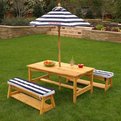 KidKraft Outdoor Table Wooden Bench Set with Navy & White Stripes for Kids