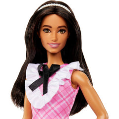 Barbie Fashionista Doll Pink Plaid Dress Pearlescent Headband and Strappy Heels