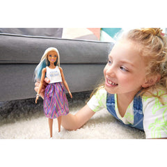 Barbie Fashionista Doll Platinum Blonde Hair & Purple Stripe Skirt