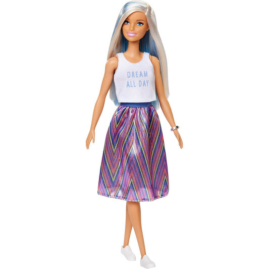 Barbie Fashionista Doll Platinum Blonde Hair & Purple Stripe Skirt