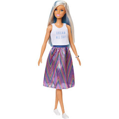 Barbie Fashionista Doll Platinum Blonde Hair & Purple Stripe Skirt