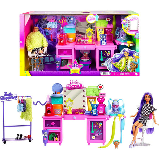 Barbie Extra Doll & Vanity Playset with Exclusive Doll Pet Puppy 45+ Pieces