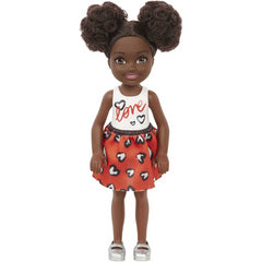 Barbie Chelsea Doll 6-inch Brunette Wearing Skirt with Heart Print and Shoes