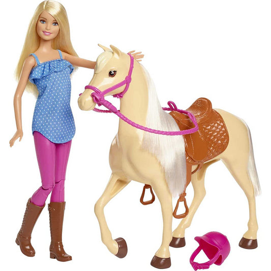 Barbie Doll Blonde Wearing Riding Outfit with Helmet and Light Brown Horse