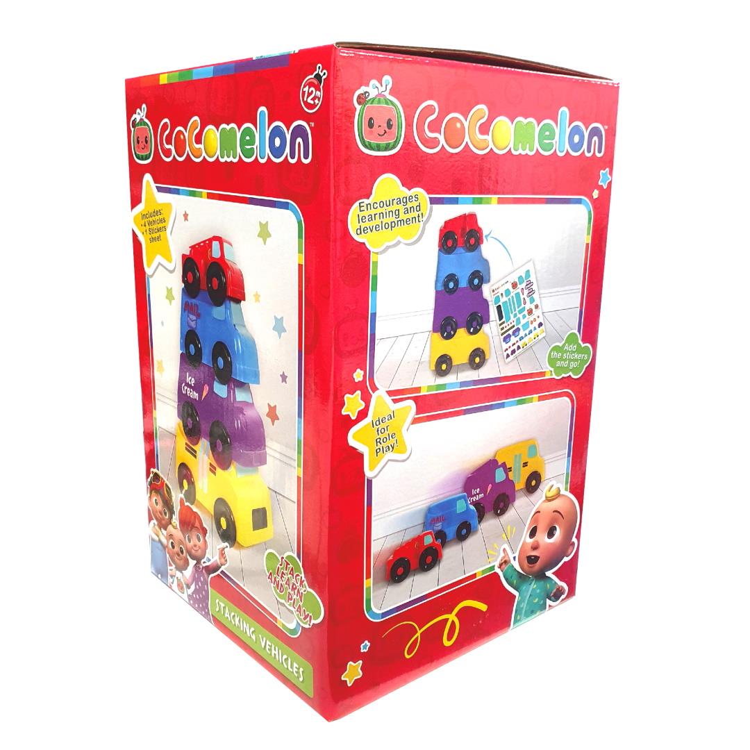 Cocomelon 4 Fun Stacking Vehicles Cars & 1 Sticker Sheet - Maqio