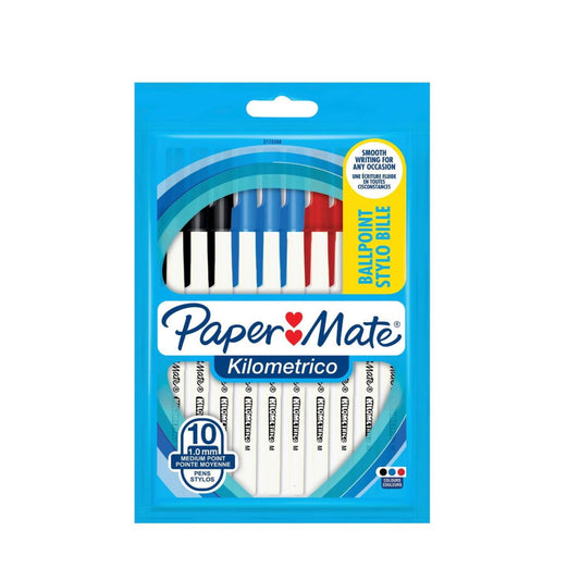 Paper Mate Kilometrico Pack Of 10 Pens inc Red Blue Black Colours