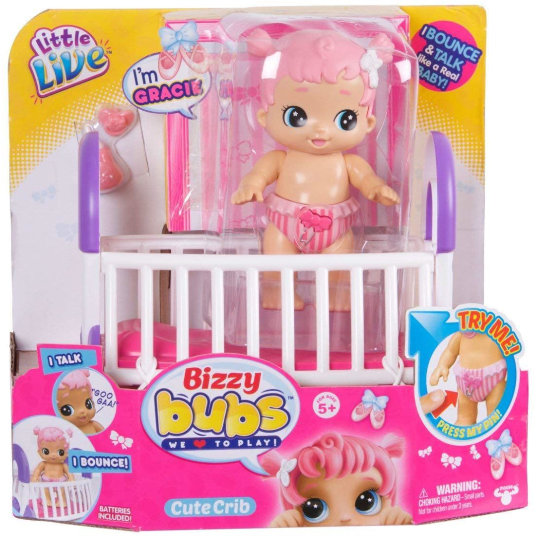 Little Live Bizzy Bubs Gracie Pink Hair Baby and Crib - Maqio