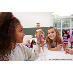 Barbie Fashionistas Doll with Blonde Updo Hair Wearing Pink & Golden Plaid Dress