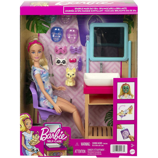 Barbie Sparkle Mask Spa Day Playset Blonde Barbie Doll 7 Spa Masks Sink Mirror