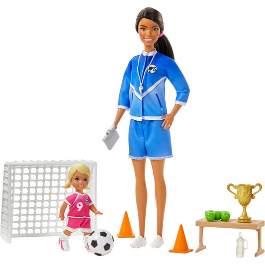 Barbie Soccer Football Coach Doll and Student Trophy and Accessories
