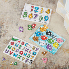 Melissa & Doug Classic Wooden Peg Puzzles Set of 3 - Numbers Alphabet & Colours