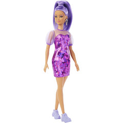 Barbie Fashionistas Doll Petite Long Purple Hair & Purple Metallic Dress