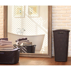 Curver 55L Brown Rattan Style Plastic Laundry Linen Basket - Maqio
