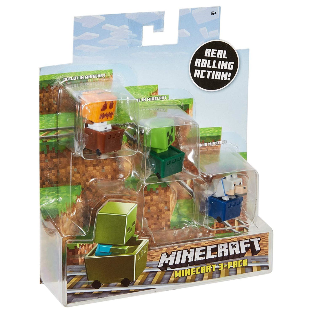 Minecraft FFK79 Minecart 3 Pack of Snow Golem, Wolf and Creeper Toy Figures - Maqio