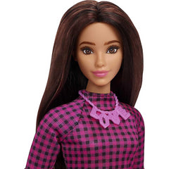 Barbie Fashionistas Doll Curvy Hair Pink & Black Checkered Dress Pink Sneakers