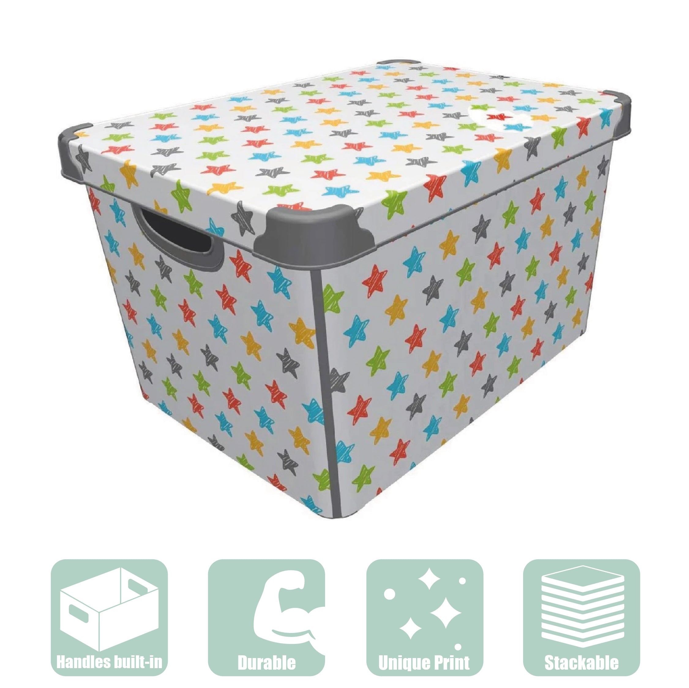 Maqio 22 Litre Plastic Storage IML Print Coloured Stars Décor Box - Maqio