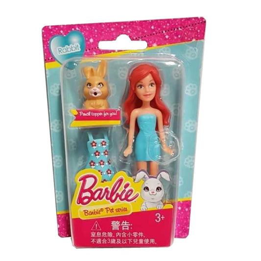 Barbie Mini in Blue Red Flowers Dress Doll & Pet Rabbit Pencil Topper
