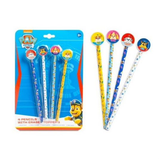 Paw Patrol 4 Pencils with Eraser Toppers Set