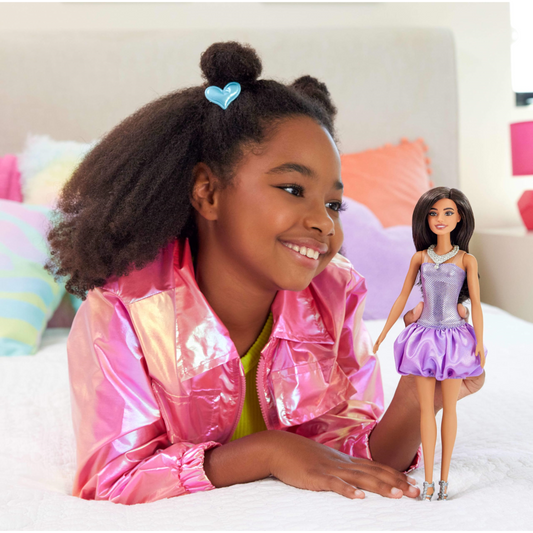 Barbie Fashionistas Brown Hair and Sequined Purple Bubble Dress Doll