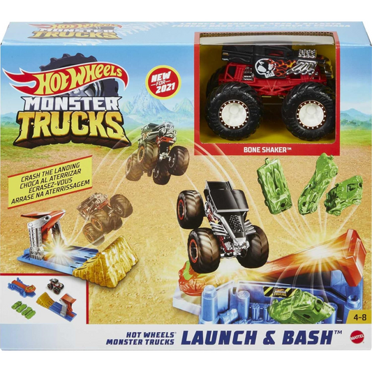 Hot Wheels Monster Trucks Launch & Bash Play Set with Launcher & 4 Crushed Cars