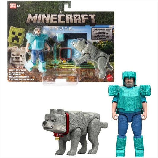 Minecraft Movie Steve in Diamond Armor & Wolf 2 Pack Figures