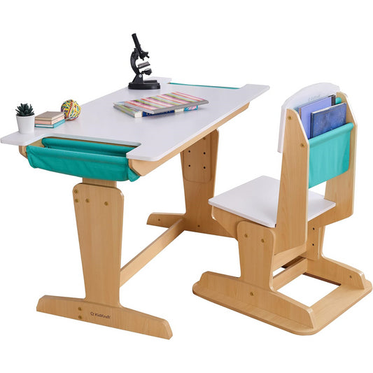 KidKraft Grow Together Pocket Adjustable Desk & Chair Set in Natural & White Colour