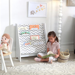 KidKraft White Sling Bookshelf in Grey and White Pattern for Kids