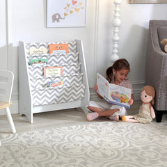 KidKraft White Sling Bookshelf in Grey and White Pattern for Kids