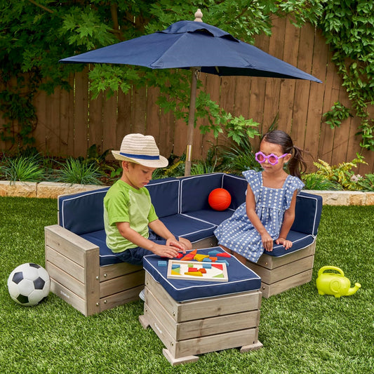 KidKraft Outdoor Sectional Sofa Ottoman & Umbrella Set in Barnwood Grey Colour