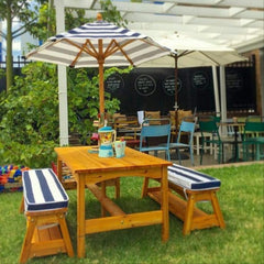 KidKraft Outdoor Table Wooden Bench Set with Navy & White Stripes for Kids