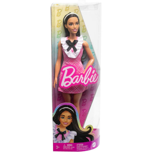 Barbie Fashionista Doll Pink Plaid Dress Pearlescent Headband and Strappy Heels
