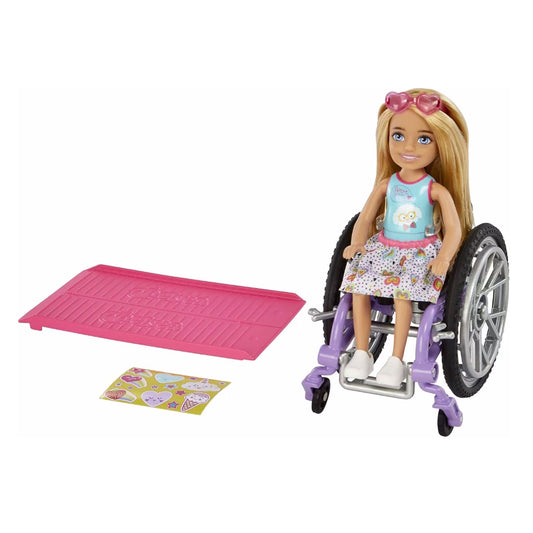 Barbie Chelsea Doll & Wheelchair with Chelsea Blonde in Skirt & Sunglasses