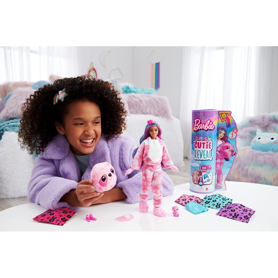 Barbie Cutie Reveal Doll & Accessories, Cozy Cute Tees Teddy Bear in “Love”  T-shirt, Purple-Streaked Pink Hair & Brown Eyes 