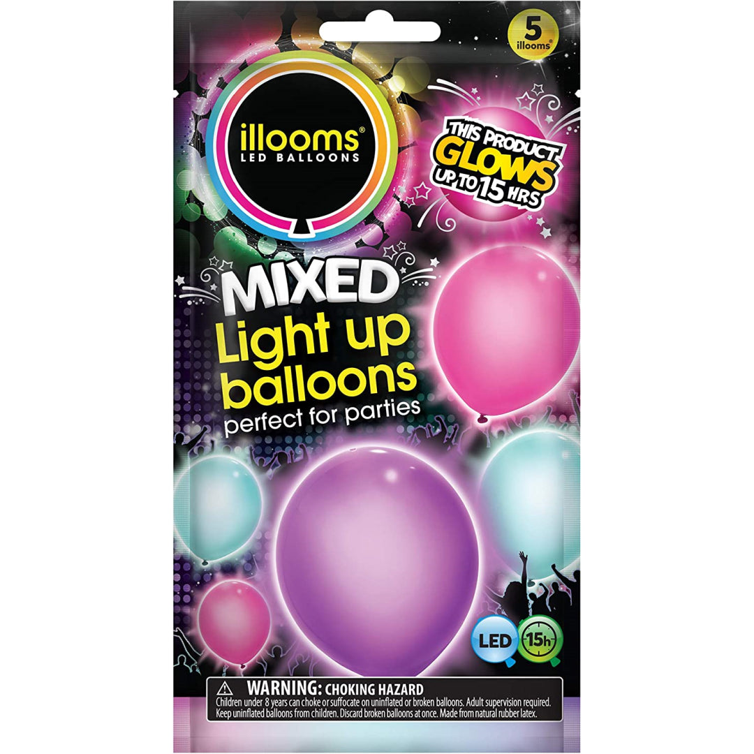 Illooms LED Balloons Light Up Balloons Pink,Purple, Blue Pack of 5 - Maqio