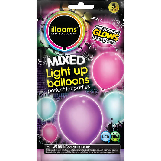 Illooms LED Balloons Light Up Balloons Pink,Purple, Blue Pack of 5 - Maqio