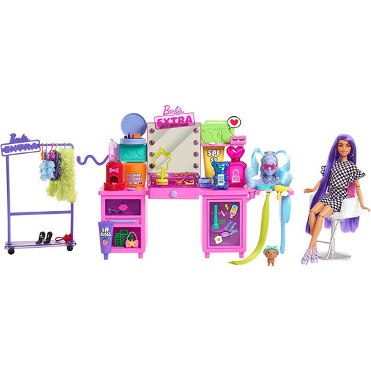Barbie Extra Doll & Vanity Playset with Exclusive Doll Pet Puppy 45+ Pieces