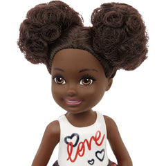 Barbie Chelsea Doll 6-inch Brunette Wearing Skirt with Heart Print and Shoes