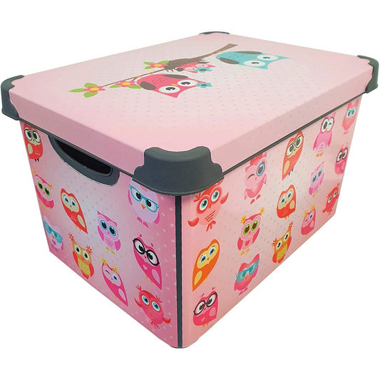 Maqio 22 Litre Large Plastic Storage Print Box in Pink with Owls