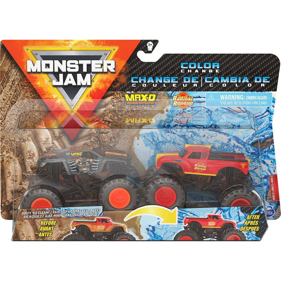 Monster Jam Max-D vs Radical Rescue Colour-Changing Monster Trucks - Maqio