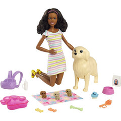 Barbie Doll and Accessories Playset with Brunette Doll Mommy Dog 3 Puppies