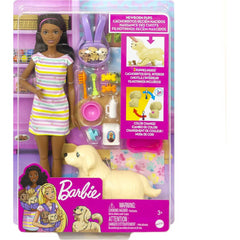 Barbie Doll and Accessories Playset with Brunette Doll Mommy Dog 3 Puppies