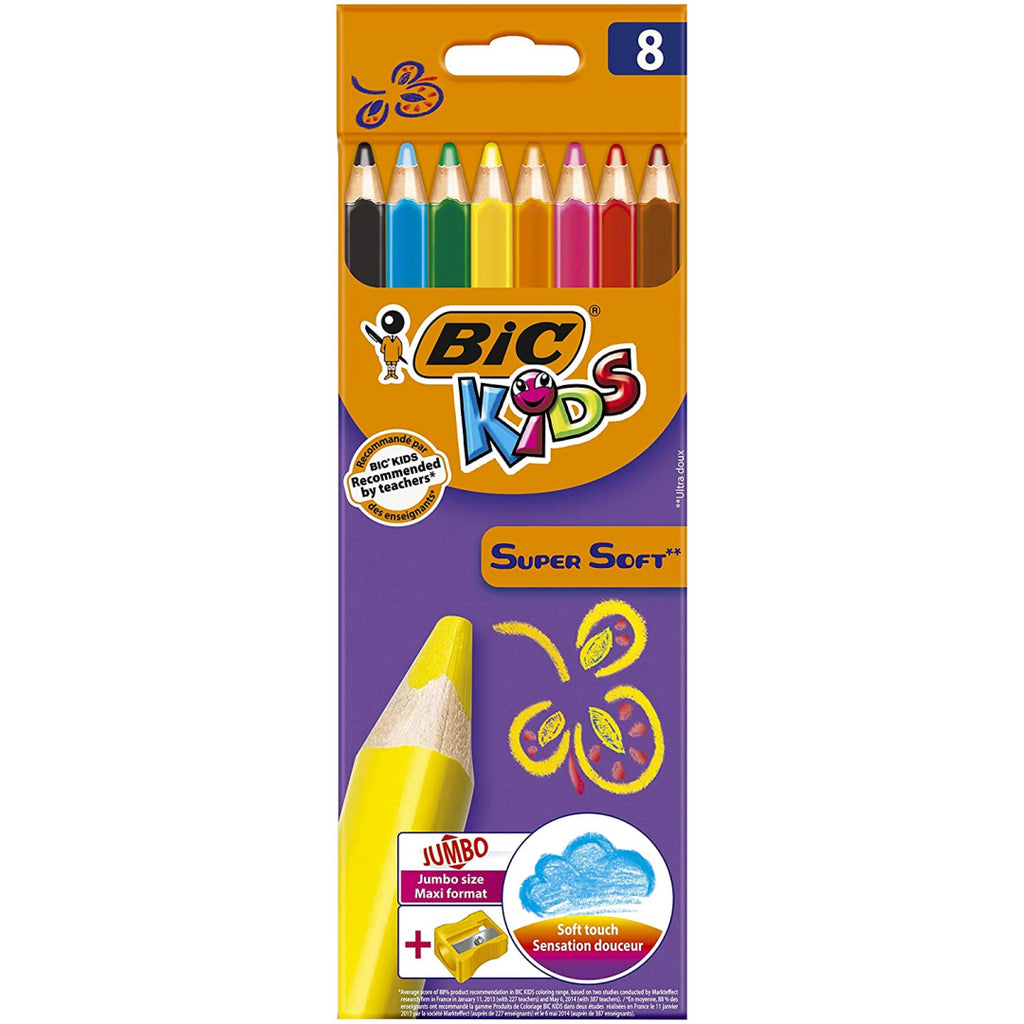 Bic Kids Supersoft Colouring Pencils Pack of 8 Plus Sharpener - Maqio
