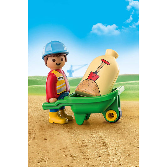 Playmobil 123 3pc Construction Worker & Wheel Barrow Figure - Maqio