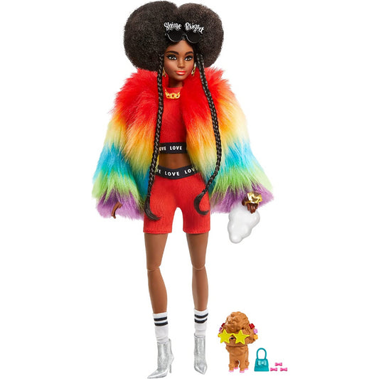 Barbie Extra Doll in Furry Rainbow Coat with Pet Poodle Afro-Puffs with Braids